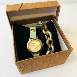 Geneva Women Gold Tone/Pastel Green Leather Wrap Around Wrist Watch